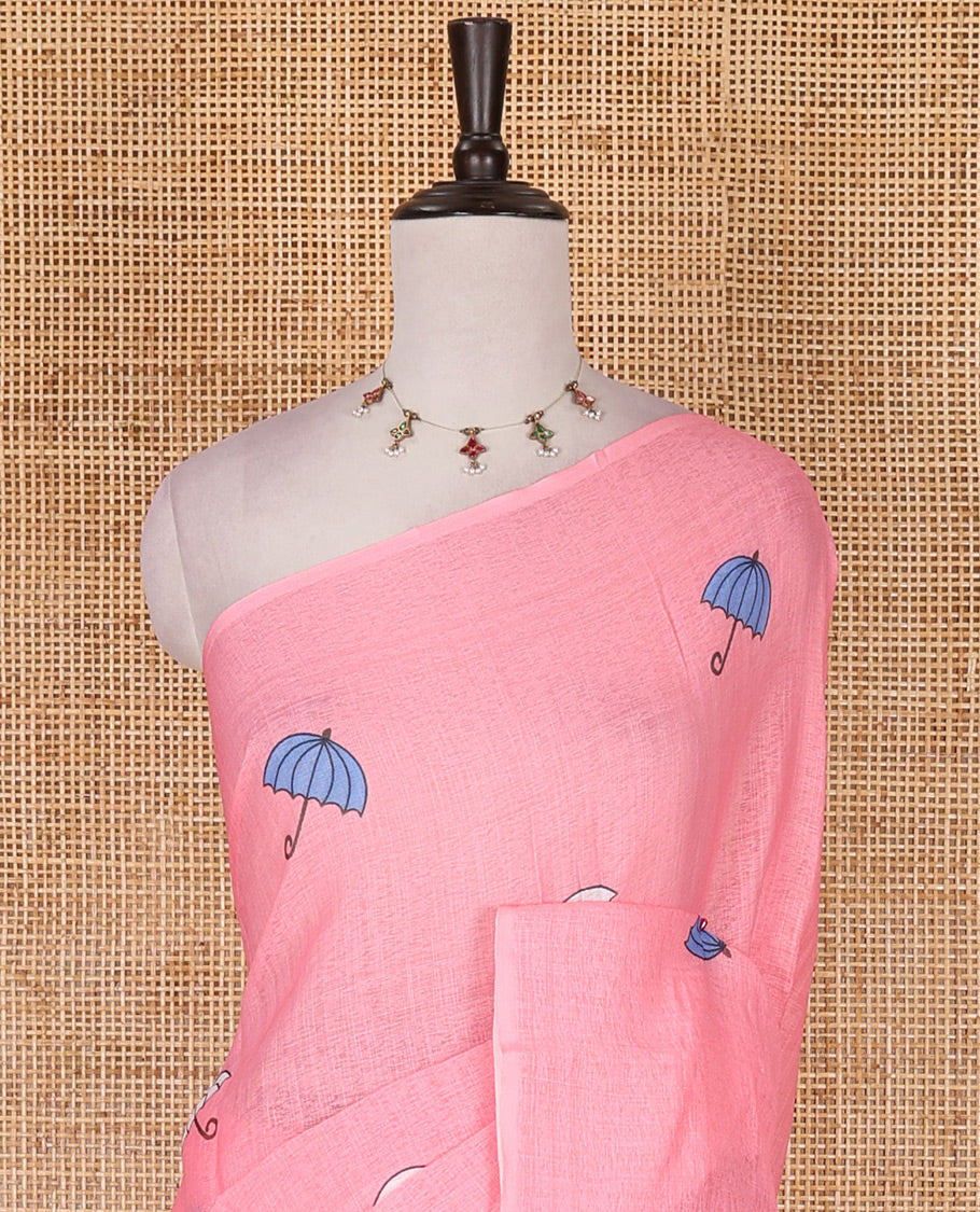 Borderless pink umbrella motifs printed linen cotton saree, self-pallu of big umbrella motifs and contrast blouse