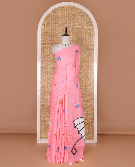 Borderless pink umbrella motifs printed linen cotton saree, self-pallu of big umbrella motifs and contrast blouse