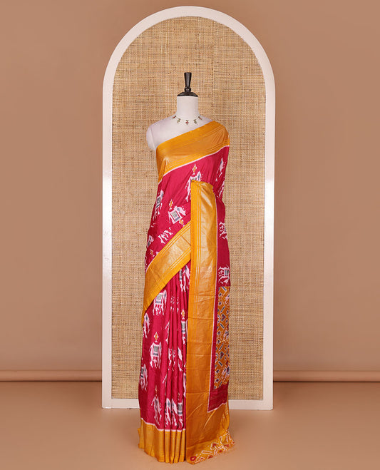 Red patola inspired pochampally elephant motifs dola silk saree, contrast traditional zari border, patola printed pallu, and contrast patola printed blouse