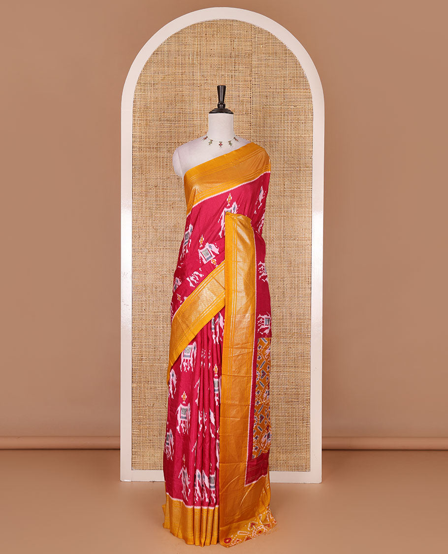 Red patola inspired pochampally elephant motifs dola silk saree, contrast traditional zari border, patola printed pallu, and contrast patola printed blouse