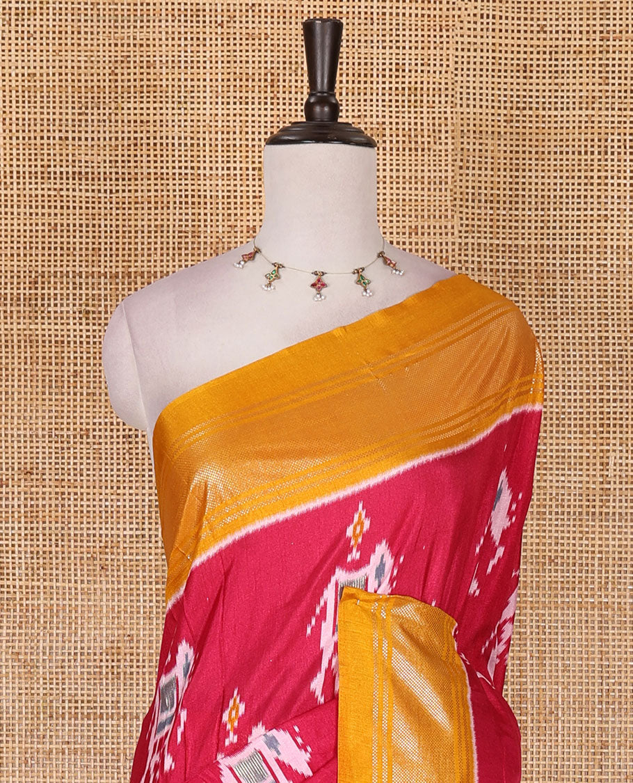 Red patola inspired pochampally elephant motifs dola silk saree, contrast traditional zari border, patola printed pallu, and contrast patola printed blouse