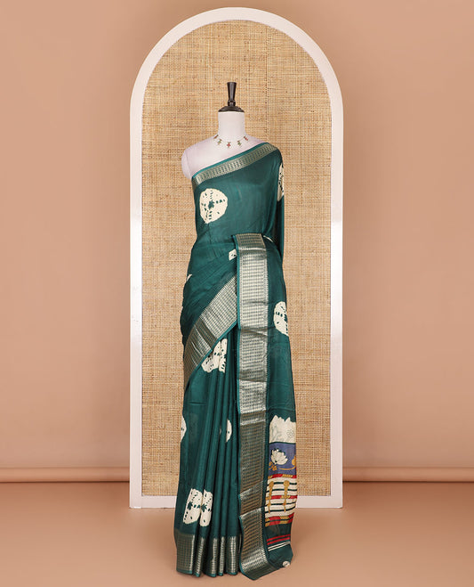 Green shibori printed dola silk saree, traditional zari border, printed pallu, and blouse of print, and zari work