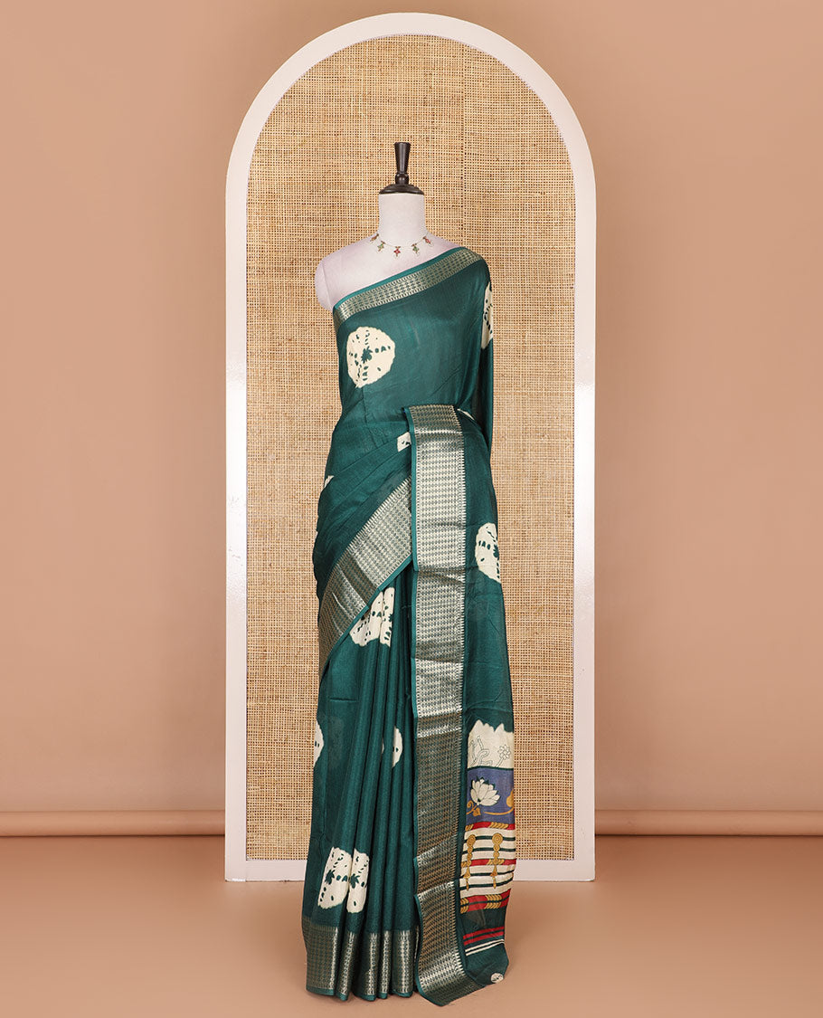 Green shibori printed dola silk saree, traditional zari border, printed pallu, and blouse of print, and zari work