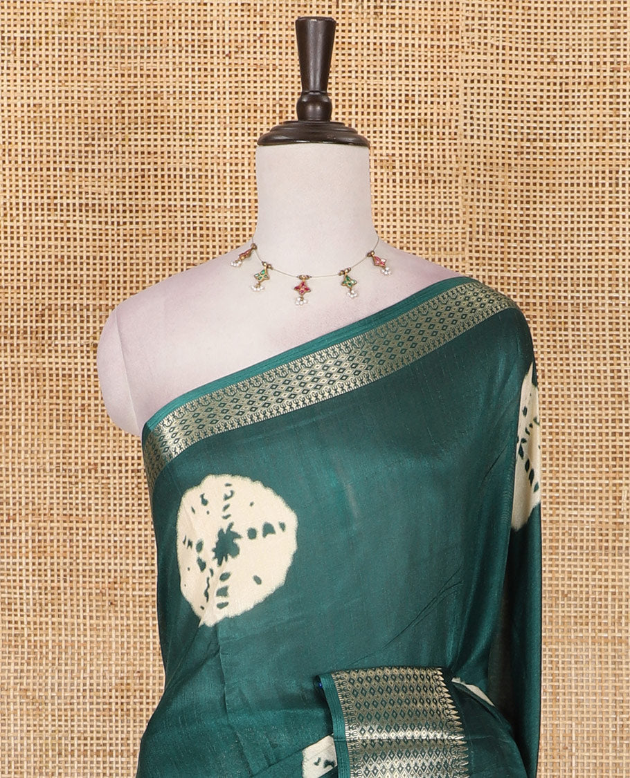 Green shibori printed dola silk saree, traditional zari border, printed pallu, and blouse of print, and zari work