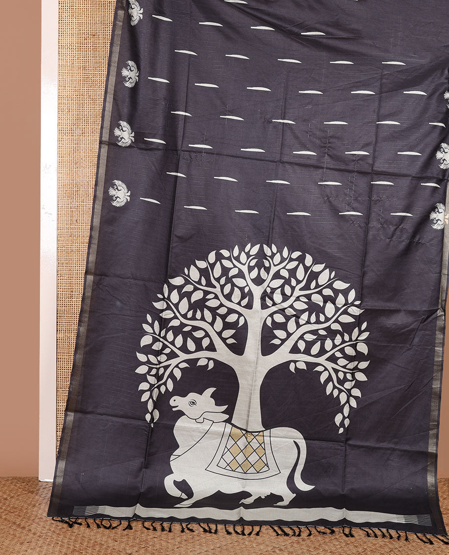 Black jasmine bud motifs printed kathan silk saree, double-headed eagle motif zari piping border, pichwai cow printed pallu, and floral printed blouse