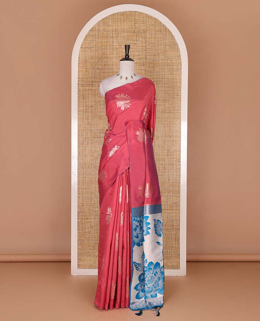 Borderless pink floral motifs steeped elite soft silk saree, contrast lotus-like motifs pallu, and contrast buttas blouse