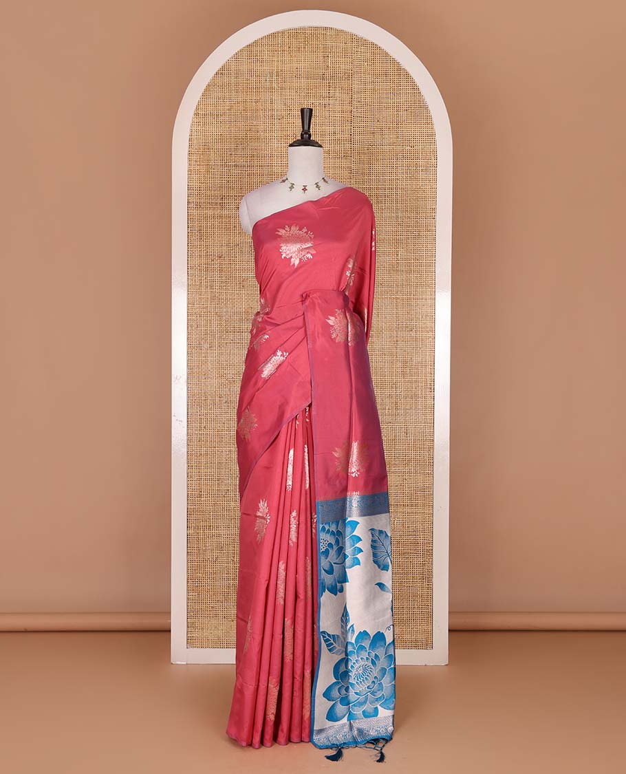 Borderless pink floral motifs steeped elite soft silk saree, contrast lotus-like motifs pallu, and contrast buttas blouse