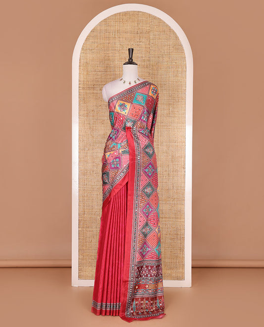 Maroon kaleidoscopic colored checks printed with mirrorwork masakali saree, printed border, print with mirror work pallu, and a matching blouse