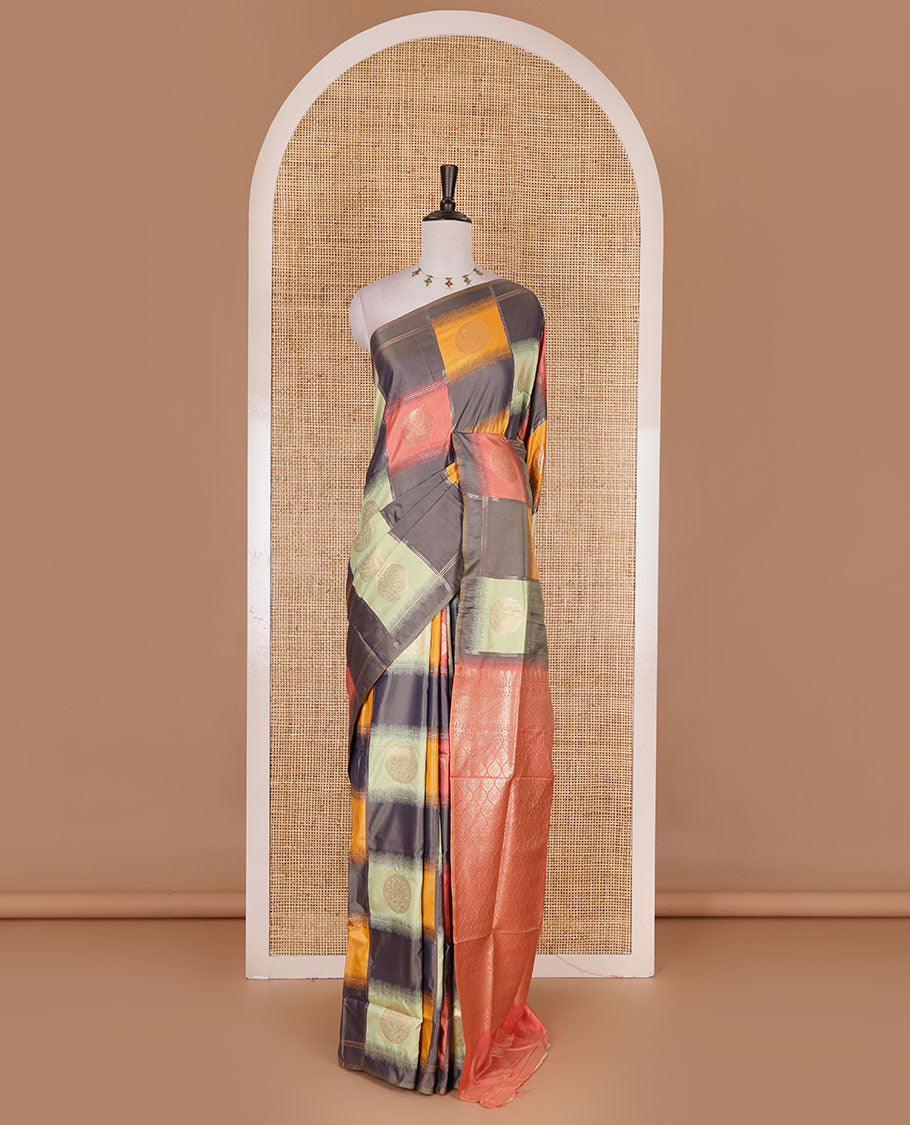 Borderless grey chakra buttas enclosed, checked elite soft silk saree, contrast ogee patterned pallu, and contrast zari design blouse