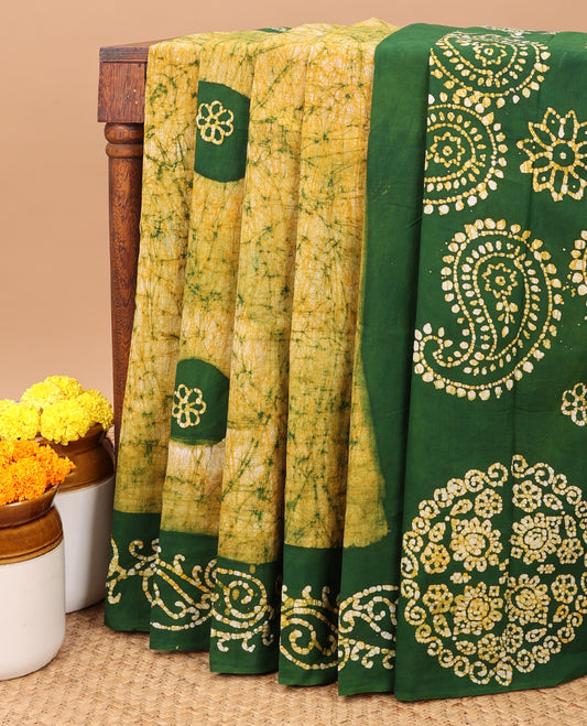 Lemon yellow pathik printed sungudi cotton saree with pathik printed contrast border & pathik printed rich pallu along with pathik printed blouse