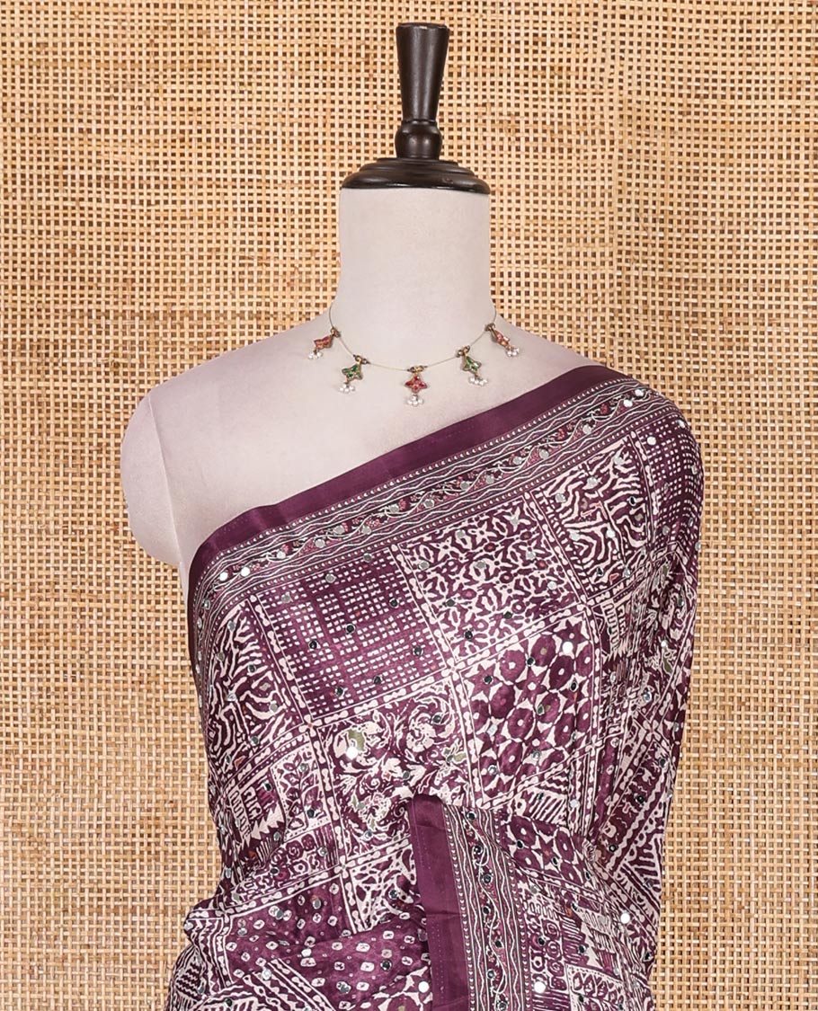 Purple floral-geometric printed and mirror work masakali saree, printed border, printed and mirror work pallu, and a matching printed blouse