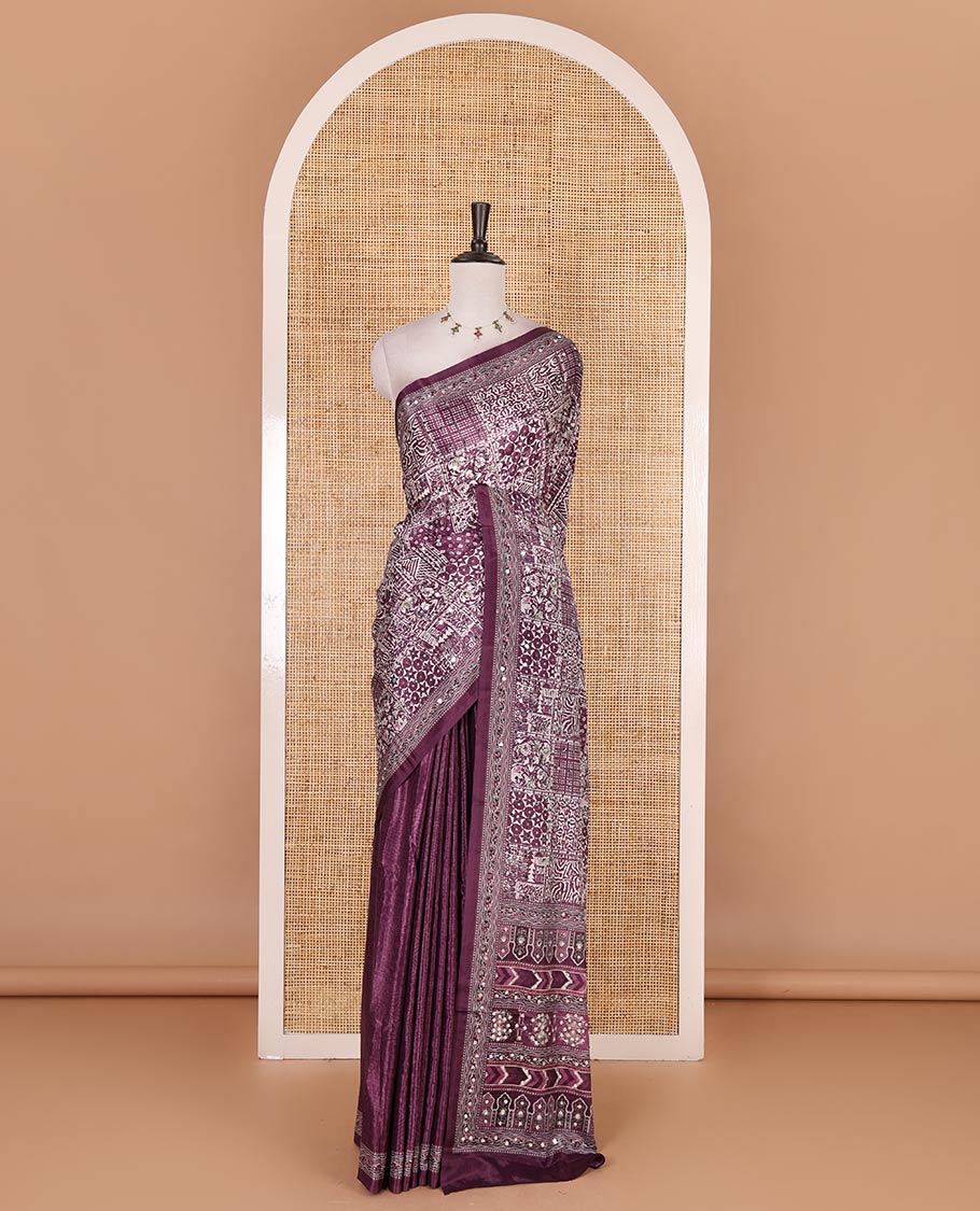 Purple floral-geometric printed and mirror work masakali saree, printed border, printed and mirror work pallu, and a matching printed blouse