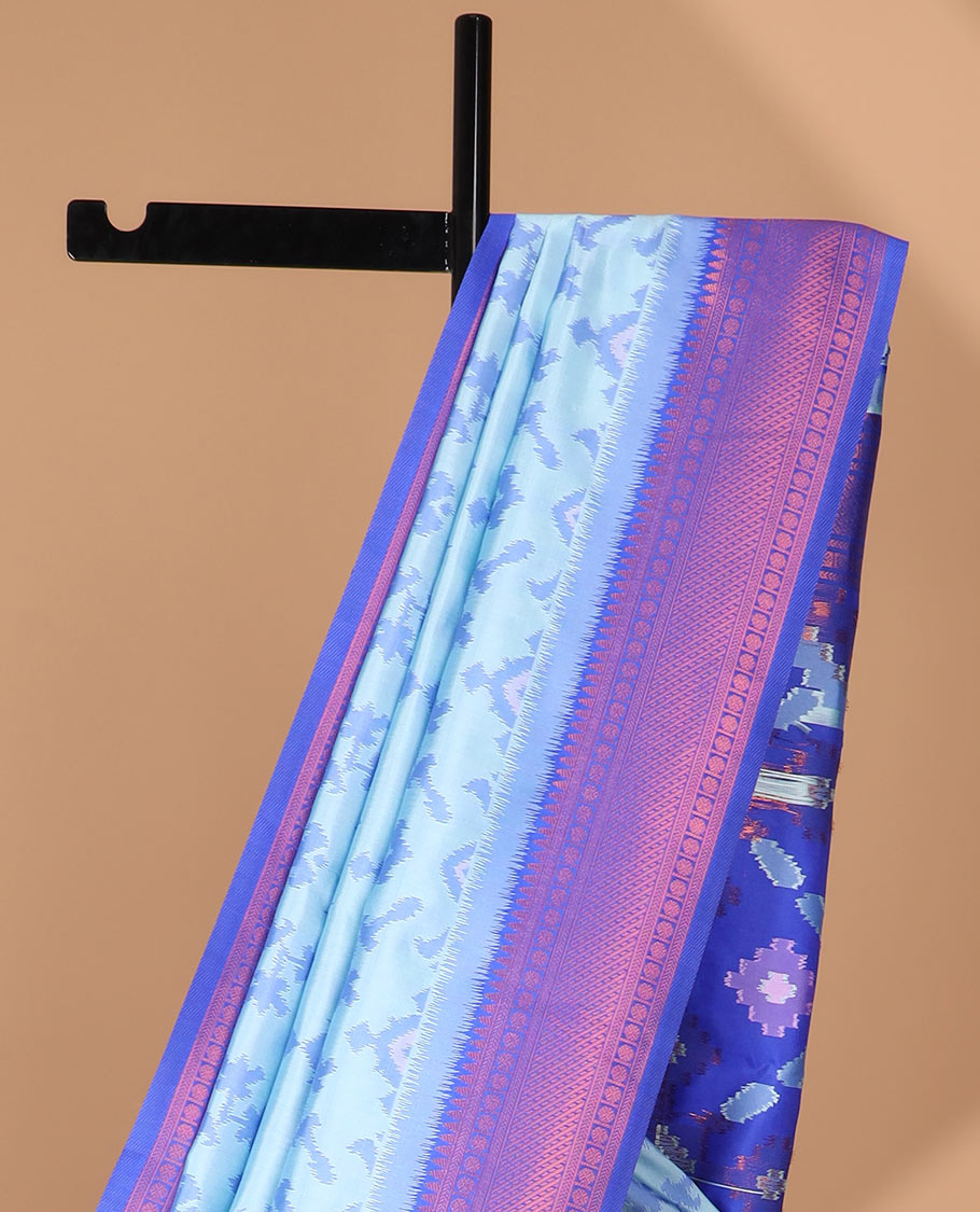 Sky blue  ikkat design mulberry silk saree with contrast border & ikkat pallu along with self embosed butta blouse