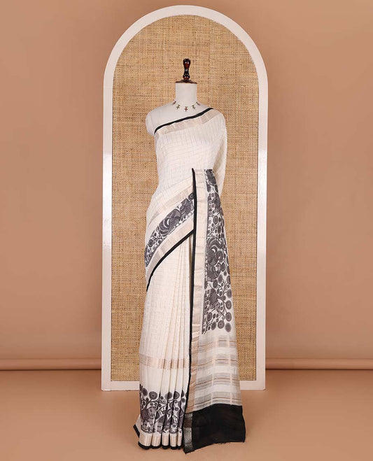 Half-white zari checked with kalamkari flora-fauna motifs printed Assam cotton saree, traditional zari border, zari striped pallu, and matching blouse
