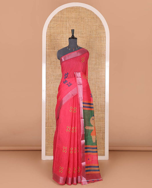 Rani pink diamond buttas printed linen cotton saree, bavanji border, doll printed pallu, and a matching blouse