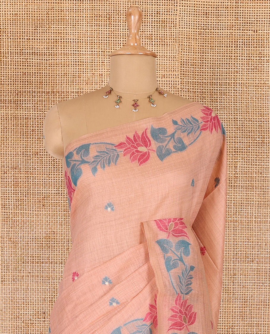 Peach resham thread buttas Munga cotton saree, jamdani floral creeper border, jamdani floral pallu, and contrast floral zari buttas blouse