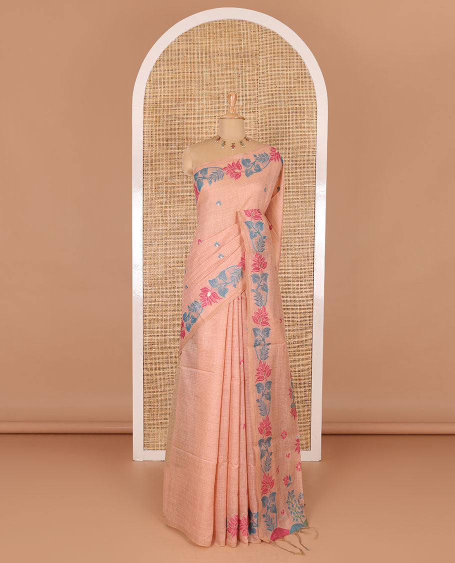 Peach resham thread buttas Munga cotton saree, jamdani floral creeper border, jamdani floral pallu, and contrast floral zari buttas blouse