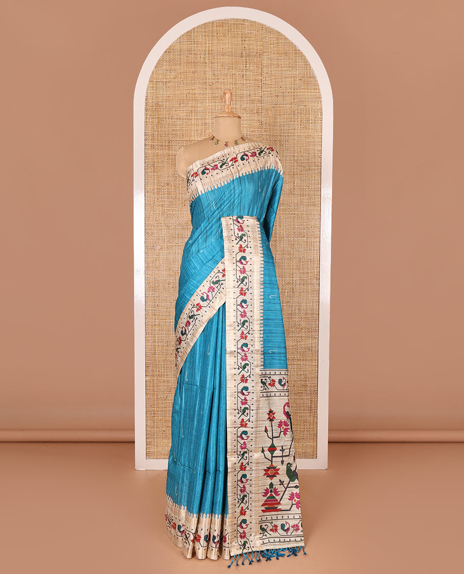 Blue muniya motifs katan silk saree, contrast paithani style border, pallu and blouse steeped with peacock, parrot, and floral motifs