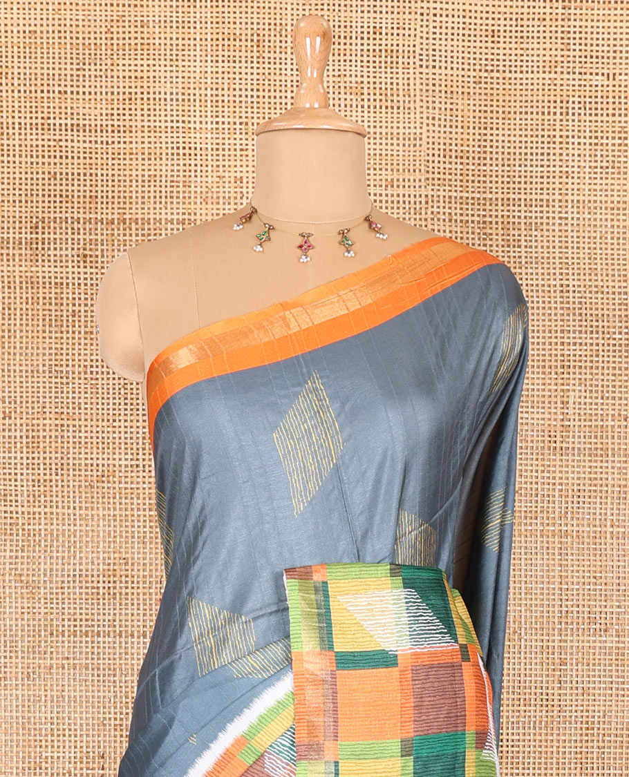 Grey diamond motifs printed katan silk saree, contrast checked border of diamonds buttas, geometric printed pallu, and a contrast blouse