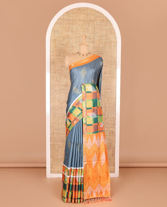 Grey diamond motifs printed katan silk saree, contrast checked border of diamonds buttas, geometric printed pallu, and a contrast blouse