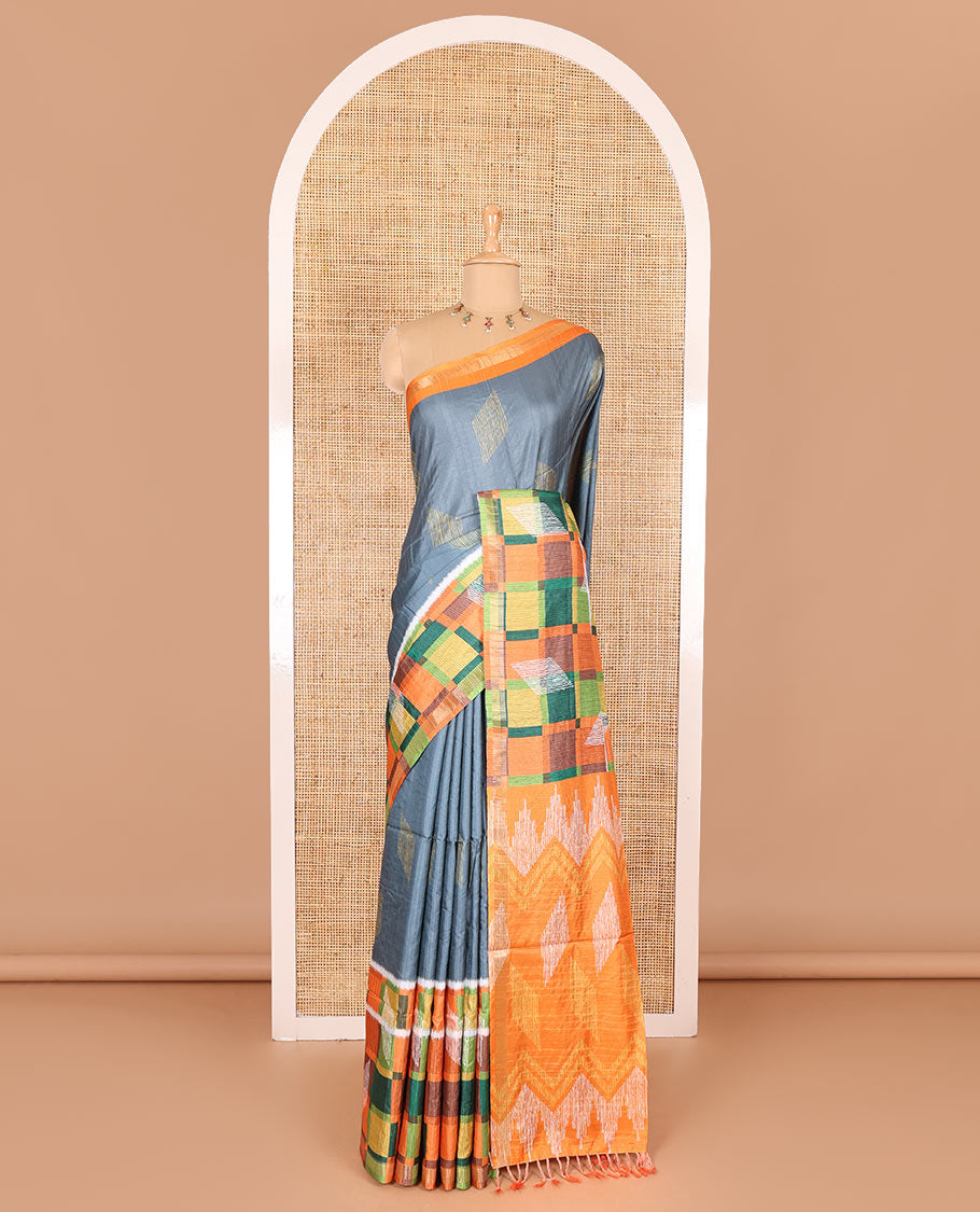 Grey diamond motifs printed katan silk saree, contrast checked border of diamonds buttas, geometric printed pallu, and a contrast blouse