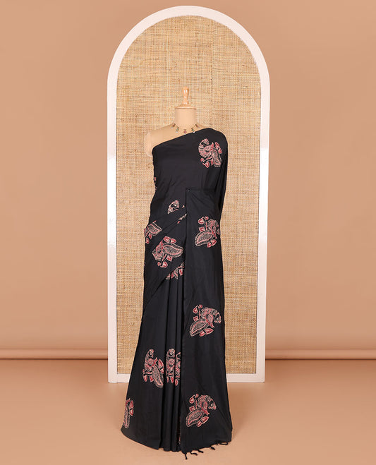 Borderless black peacock motifs printed South cotton saree with a matching blouse, and a contrast floral motifs printed blouse