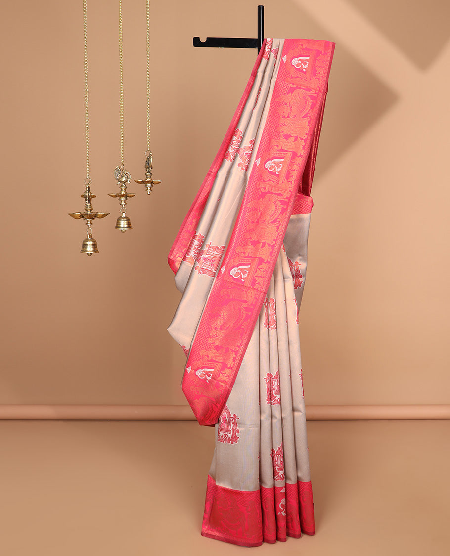 Grey with pink pallakku weaving butta design litchi tissue silk saree, gold zari pallakku design border & brocade rich pallu along with small zari butta design blouse