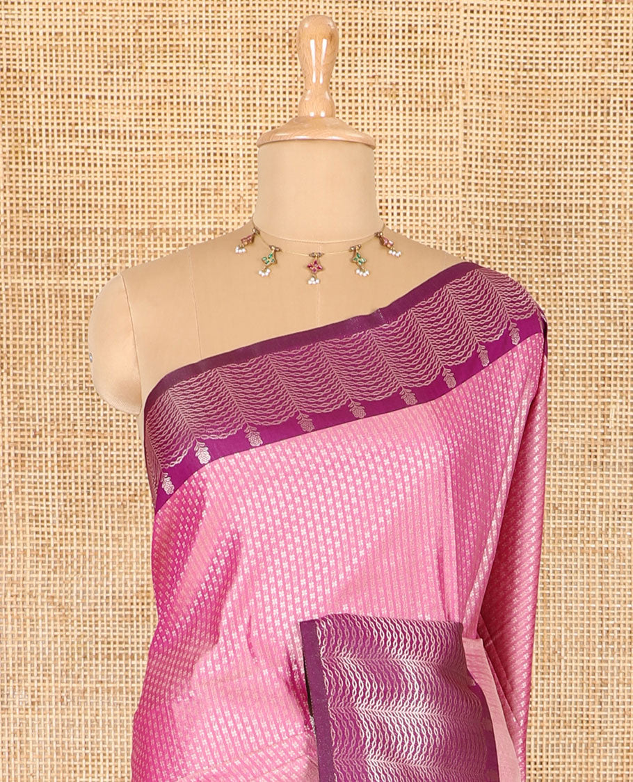 Baby pink small zari buttas woven elite soft silk saree, contrast zari woven scallop satin border, jaal pallu, and a contrast chakram zari motifs blouse