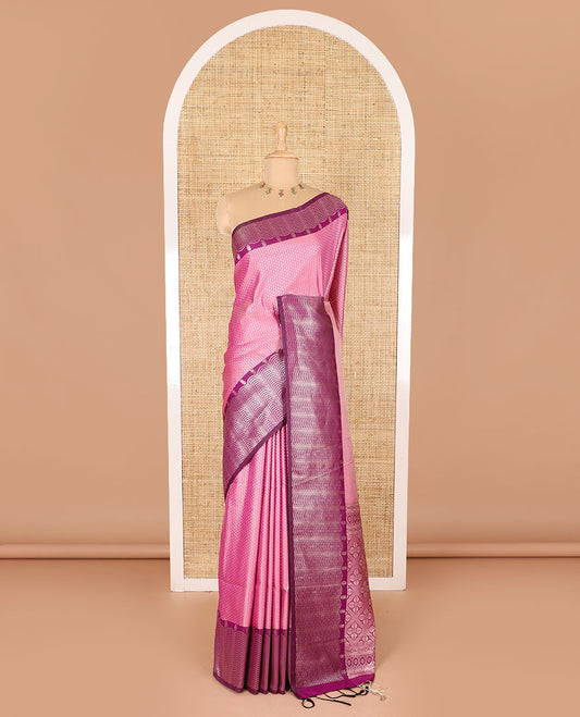 Baby pink small zari buttas woven elite soft silk saree, contrast zari woven scallop satin border, jaal pallu, and a contrast chakram zari motifs blouse