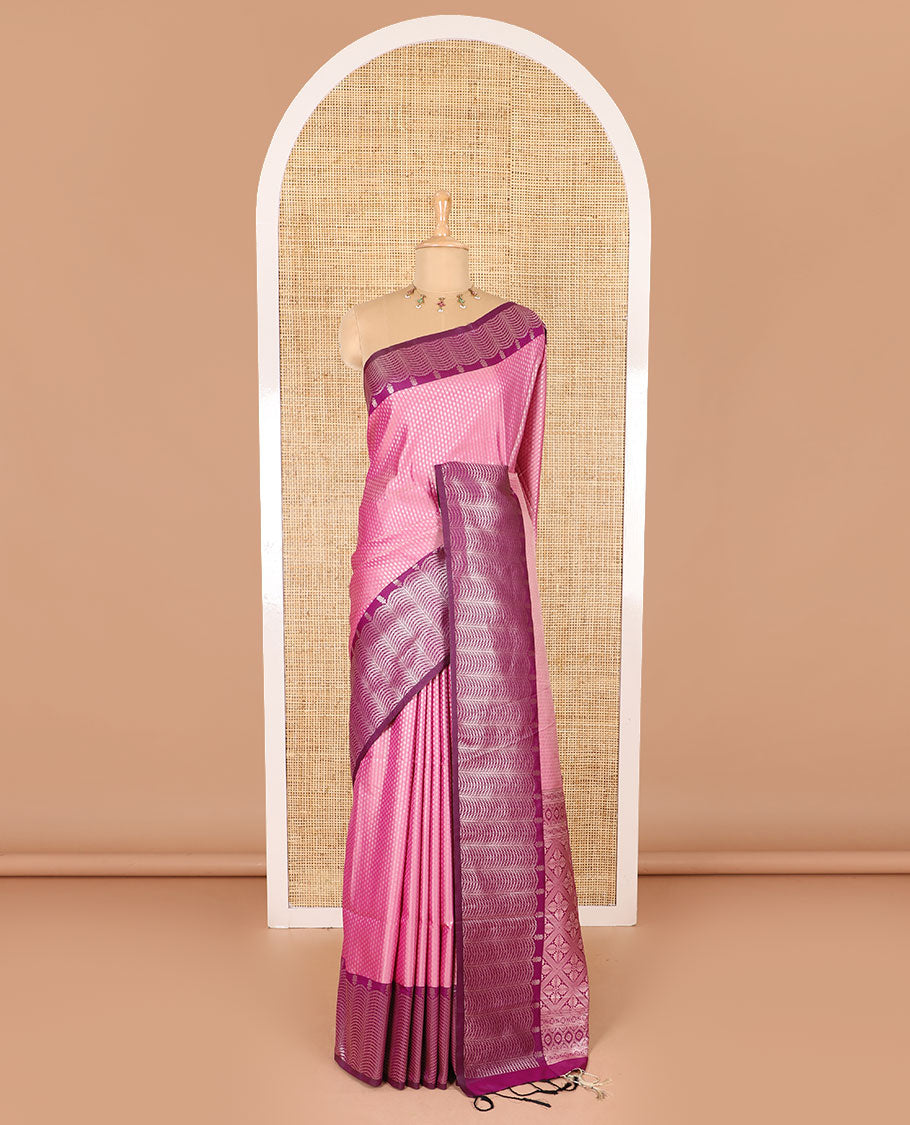 Baby pink small zari buttas woven elite soft silk saree, contrast zari woven scallop satin border, jaal pallu, and a contrast chakram zari motifs blouse