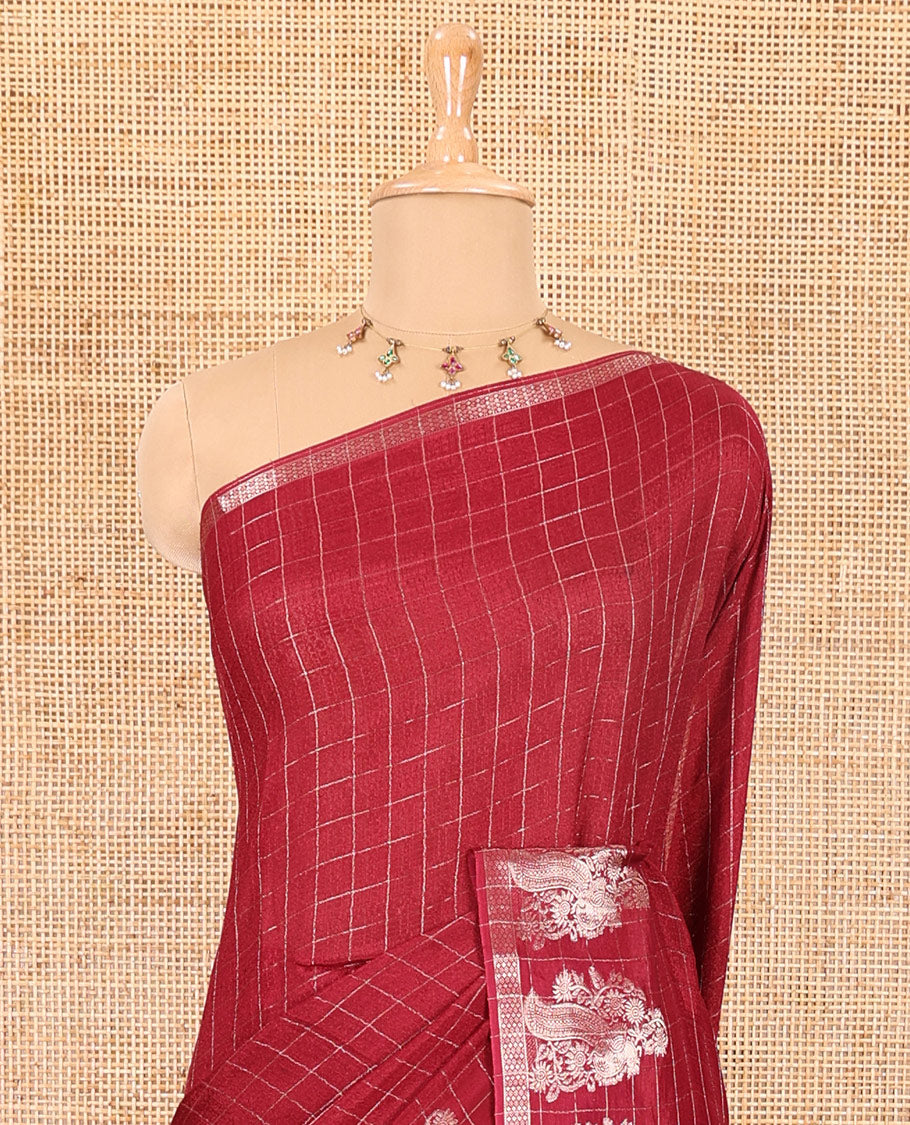 Red micro-checked design viscose khadi silk saree, peacock zari motifs woven border, zari striped pallu, and a matching blouse