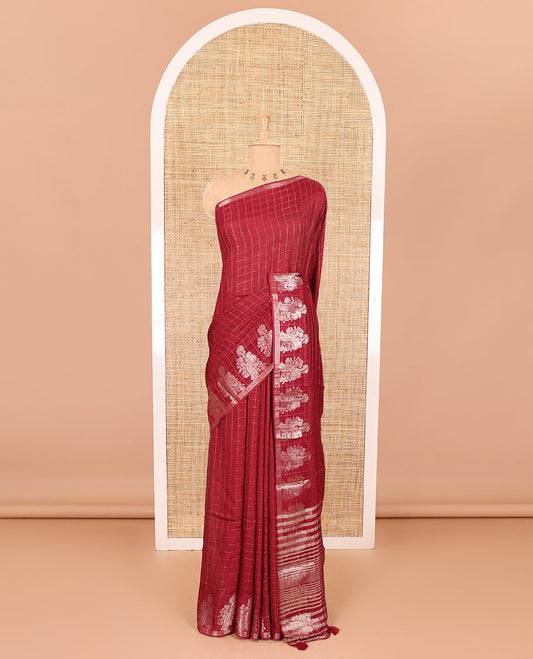 Red micro-checked design viscose khadi silk saree, peacock zari motifs woven border, zari striped pallu, and a matching blouse