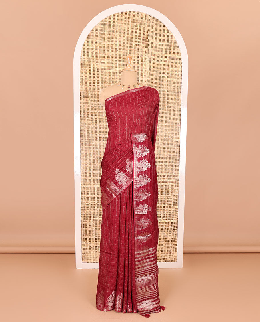 Red micro-checked design viscose khadi silk saree, peacock zari motifs woven border, zari striped pallu, and a matching blouse