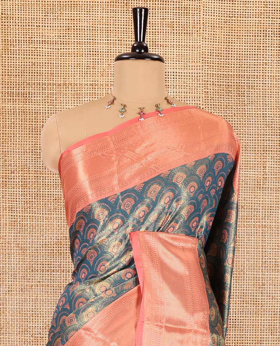 Rama green ogee jacquard Kanchi tissue saree, contrast traditional zari design border, gleaming pallu, and a contrast jacquard blouse