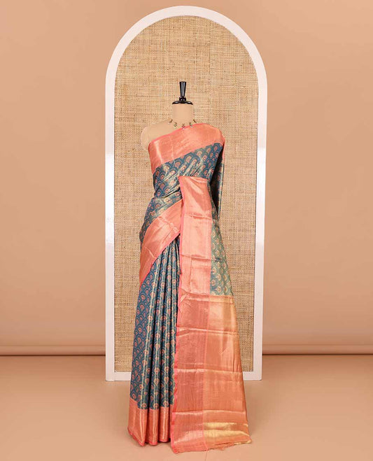 Rama green ogee jacquard Kanchi tissue saree, contrast traditional zari design border, gleaming pallu, and a contrast jacquard blouse