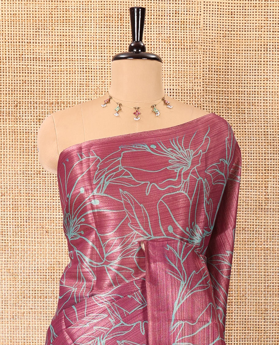 Borderless purple big floral motifs printed tissue silk saree with floral printed pallu, and a contrast plain blouse