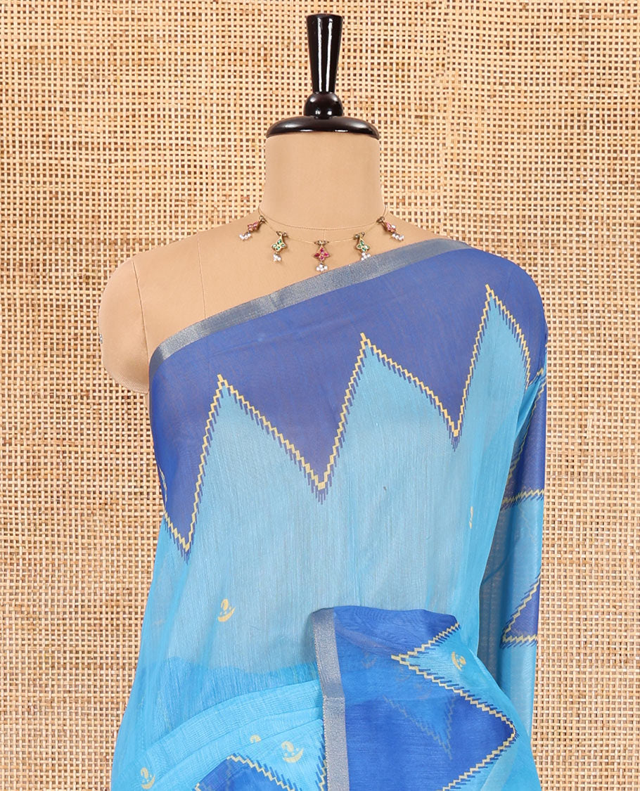 Sky blue small buttas printed Linen cotton saree, contrast double-sided temple border, striped pallu, and vertically striped blouse