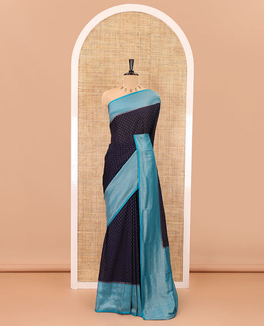 Navy blue zari buttas banarasi georgette saree, contrast traditional zari border, zari woven pallu and a contrast zari design blouse