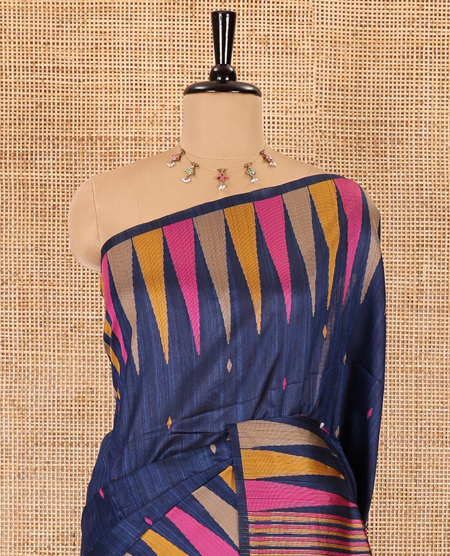 Blue thread buttas woven jute cotton saree, multi-color temple border, striped pallu, and a matching striped blouse