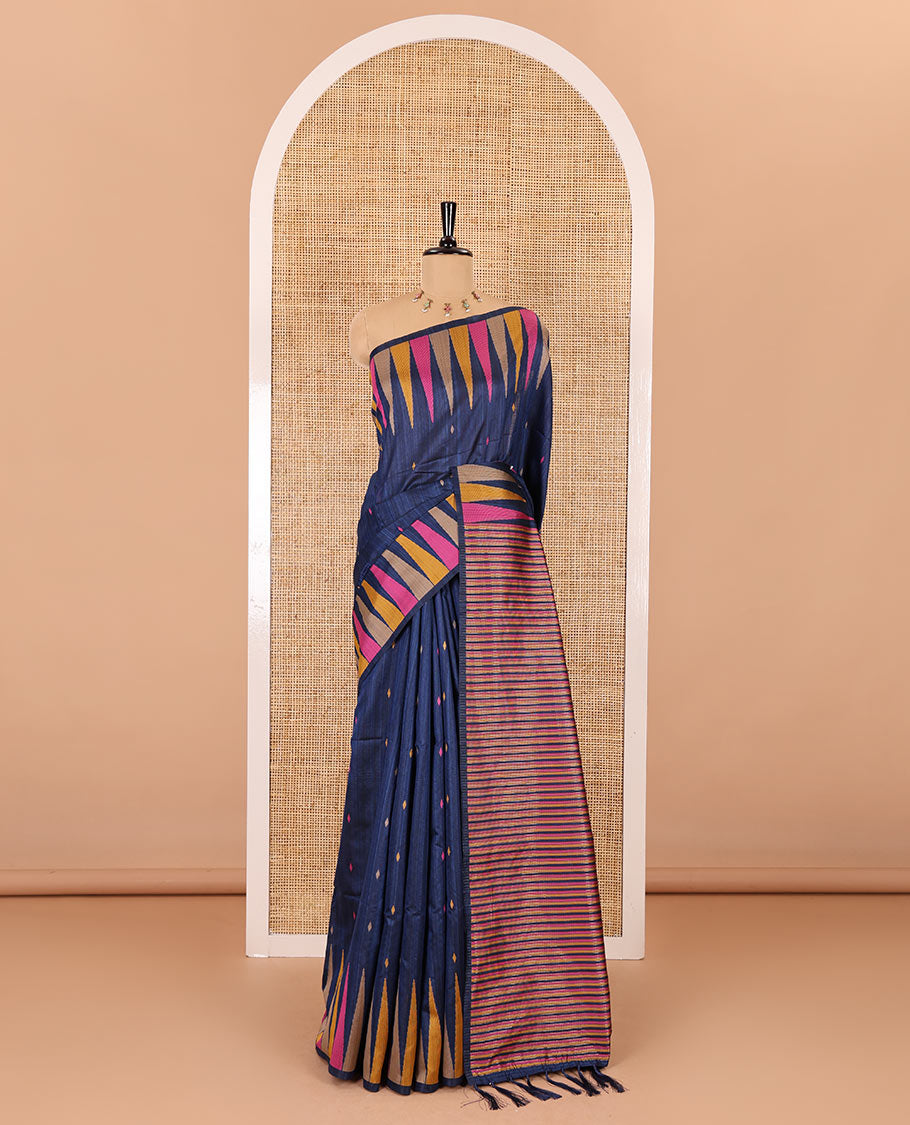 Blue thread buttas woven jute cotton saree, multi-color temple border, striped pallu, and a matching striped blouse