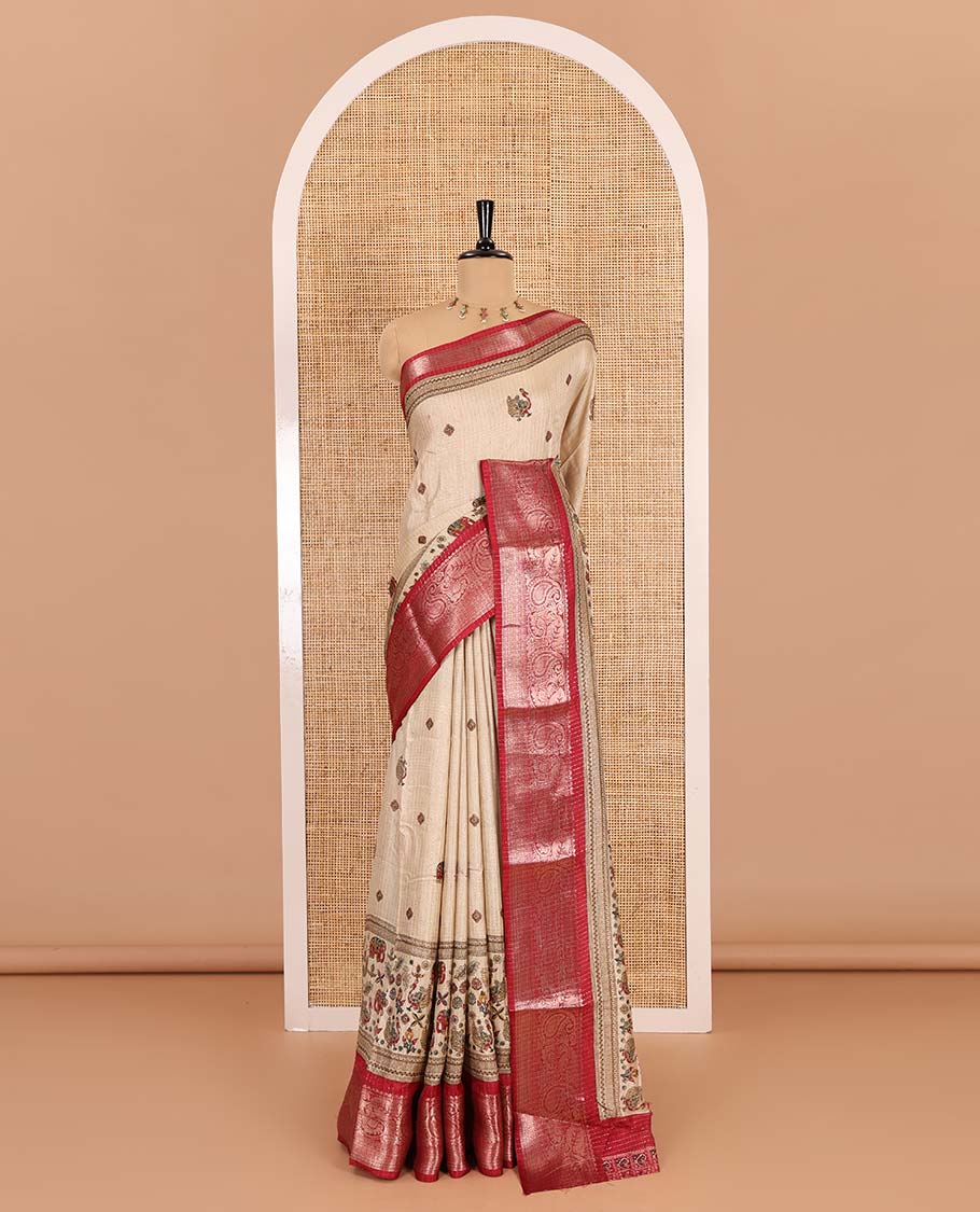 Chikku-maroon vertical striped, and animal motifs printed dola silk saree, contrast manga motifs zari border, animal motifs printed pallu, and a contrast printed blouse