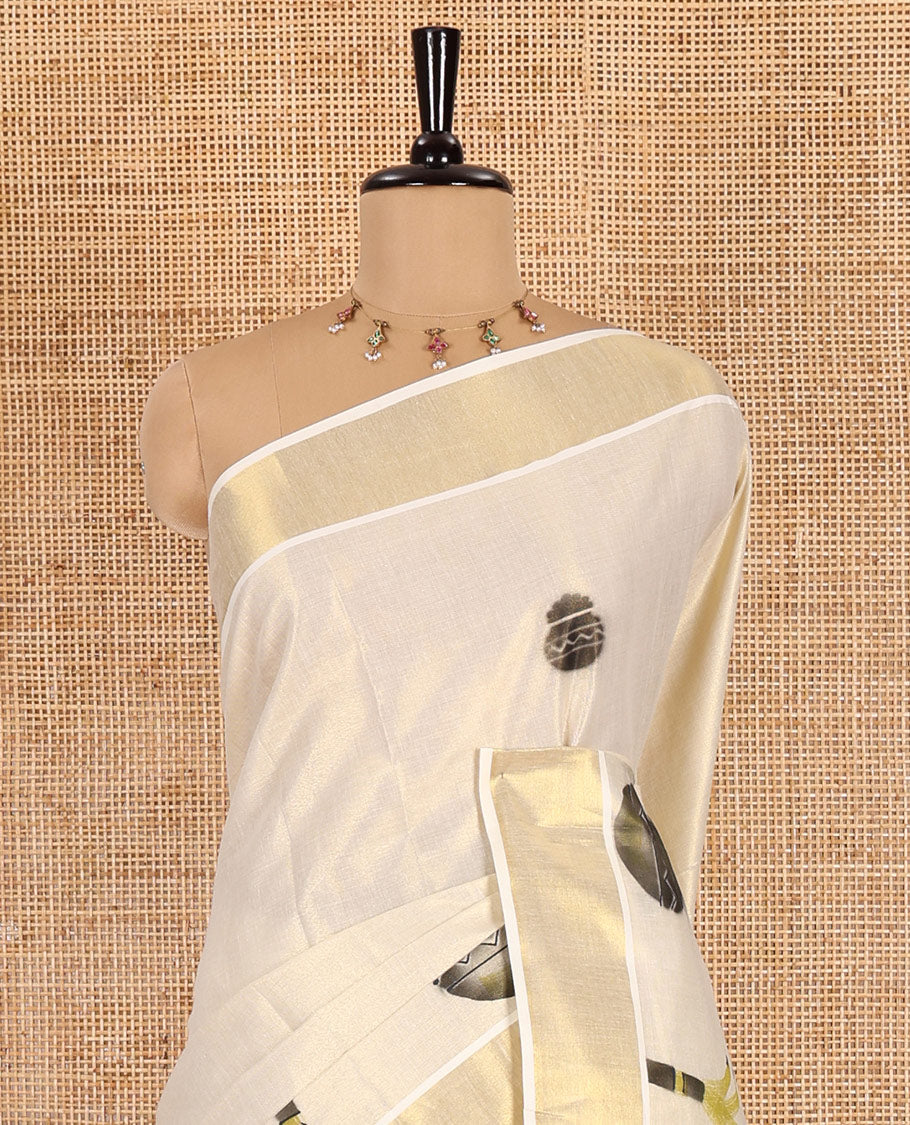 Cream-black Pongal-festive theme block printed Kerala cotton saree, pongal pot printed body, bavanji border, and Pongal theme block print pallu, and a matching blouse