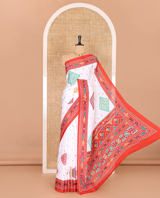White and red colorful bandhani buttas printed and mirror-work masakali saree, contrast ogee printed and mirror-work border, kaleidoscopic colored printed and mirror-work dupatta