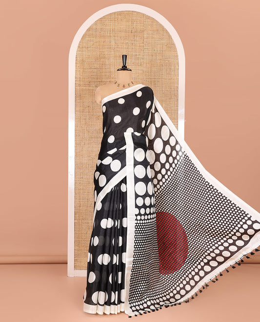 Borderless cream-black polka dots printed art khadi cotton saree, pallu of big and small coin-size polka dots print, and a small dots printed blouse