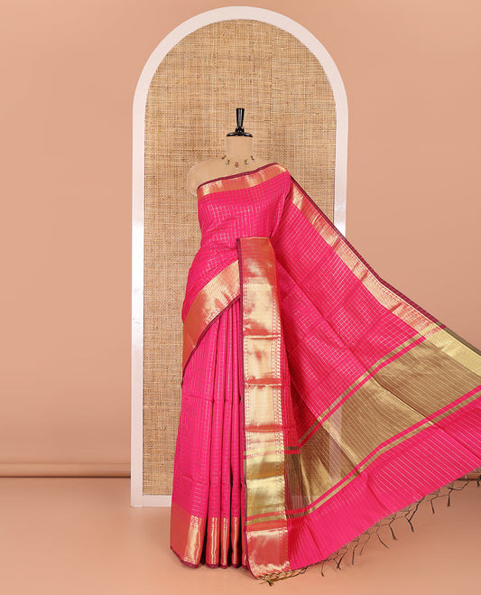 Rani pink zari checked semi-katan silk saree, traditional zari border, zari-rich pallu, and a matching blouse