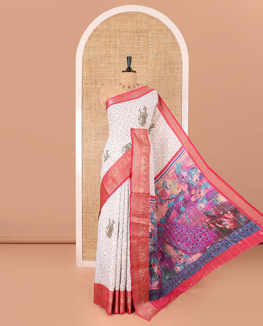 Cream and rani pink bandhani dots and peacock motifs printed dola crush saree, contrast zari peacock border, pallu of abstract peacock print, and a zari design blouse