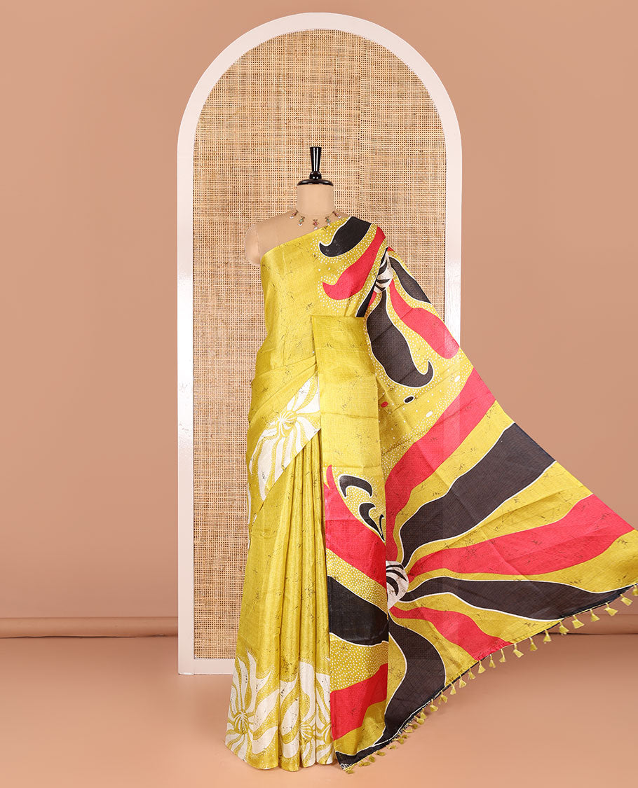Borderless yellow abstract-style star motifs abstract printed art khadi cotton saree, abstract-style printed pallu, and a matching blouse