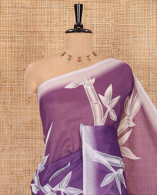Violet bamboo motifs printed chanderi cotton saree, contrast plain border, bamboo motifs printed pallu, and a contrast unique motifs printed blouse