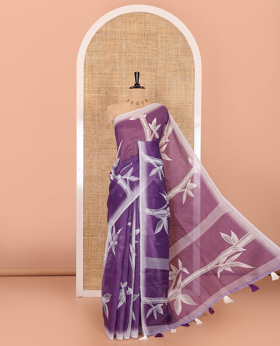 Violet bamboo motifs printed chanderi cotton saree, contrast plain border, bamboo motifs printed pallu, and a contrast unique motifs printed blouse