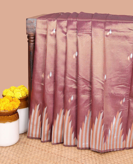 Brown small leaf design, copper zari tissue silk saree with temple border & rich pallu along with butta design blouse